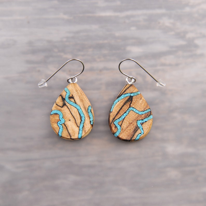 Unique Mismatched One of A Kind Turquoise and Wood Teardrop Dangle Drop Earrings image 5