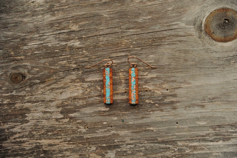 Short Koa Rectangle with Turquoise and Recycled Copper Inlay Bar Earrings, Stud or Dangle 