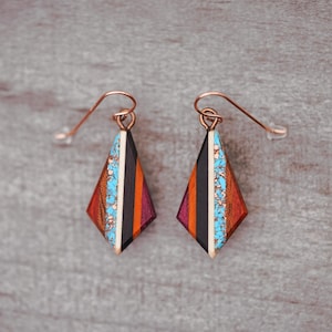 Striped Turquoise and Copper inlaid Bohemian Earrings: Recycled vintage wood Teardrops