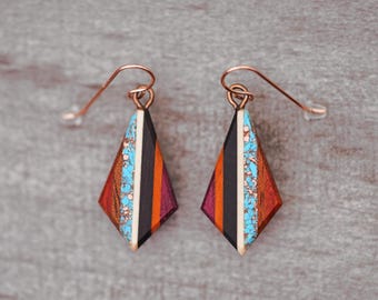 Striped Turquoise and Copper inlaid Bohemian Earrings: Recycled vintage wood Teardrops