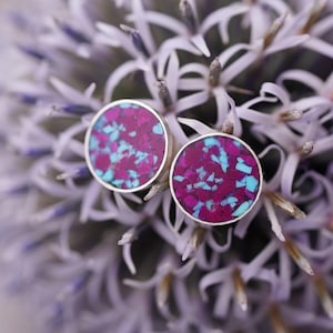 Small Amethyst and Turquoise Stud Earrings,  Dainty Sterling Silver Circle Posts, Mosaic Stone Earrings