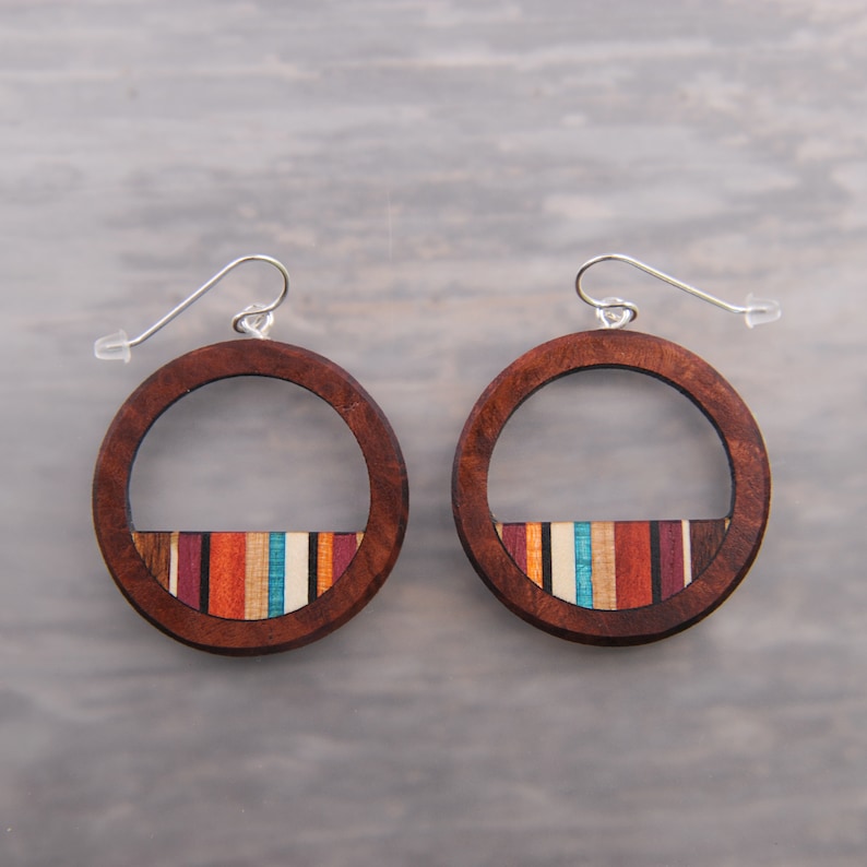 Wood Circle Hoop Statement Earrings with Turquoise, Surgical Steel, Lightweight Boho image 6
