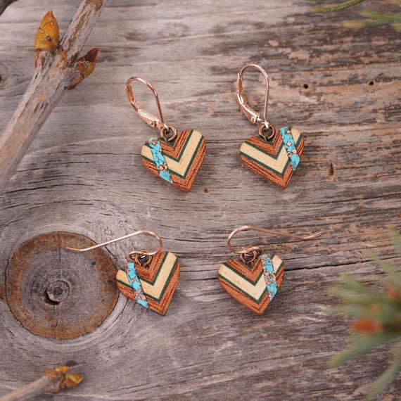 Turquoise inlaid Heart Earrings, Wood Earrings, Romantic Gift, Rose Gold Ear Wires