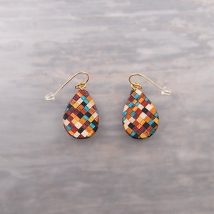 Artsy Fun Colorful Modern Wood Drop Statement Earrings 14k Yellow Gold