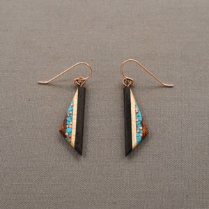 Wood Dangle Earrings with Turquoise and Recycled Copper inlay, Rose Gold Ear Wires Hypoallergenic.