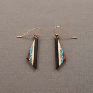 Wood Dangle Earrings with Turquoise and Recycled Copper inlay, Rose Gold Ear Wires Hypoallergenic.