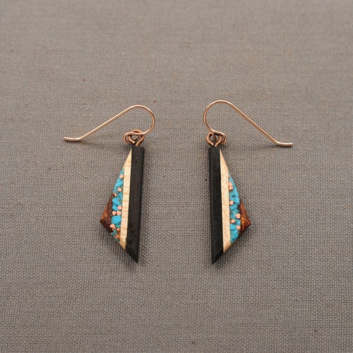 Wood Dangle Earrings with Turquoise and Recycled Copper inlay, Rose Gold Ear Wires Hypoallergenic.