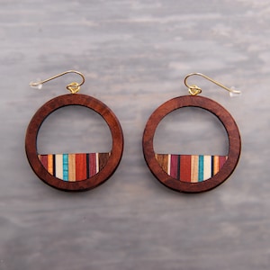 Wood Circle Hoop Statement Earrings with Turquoise, Surgical Steel, Lightweight Boho image 7