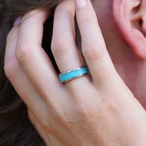 Bague pour jonc incrusté turquoise, Acier chirurgical inoxydable hypoallergique, Bague confortable,