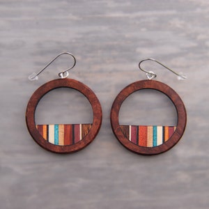 Wood Circle Hoop Statement Earrings with Turquoise, Surgical Steel, Lightweight Boho image 5