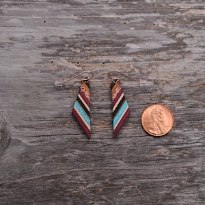 Recycled Copper and Turquoise Dangle Made From Reclaimed Wood, Rose Gold Ear Wires Hypoallergenic. image 3