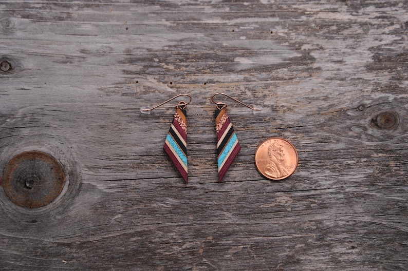 Recycled Copper and Turquoise Dangle Made From Reclaimed Wood, Rose Gold Ear Wires Hypoallergenic. image 3