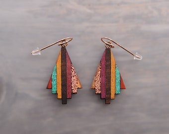 Handmade Rose Gold Turquoise and Recycled Copper Geometric Wood Boho Earrings