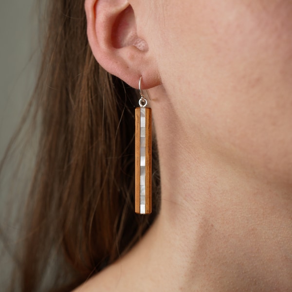 Long Thin Mother of Pearl and Koa Wood Bar Earrings. Stud or Dangle, Hypoallergenic and Lightweight.