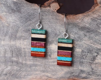Turquoise Rectangle Dangle Earrings made From Reclaimed Wood, Sterling Silver Ear Wires