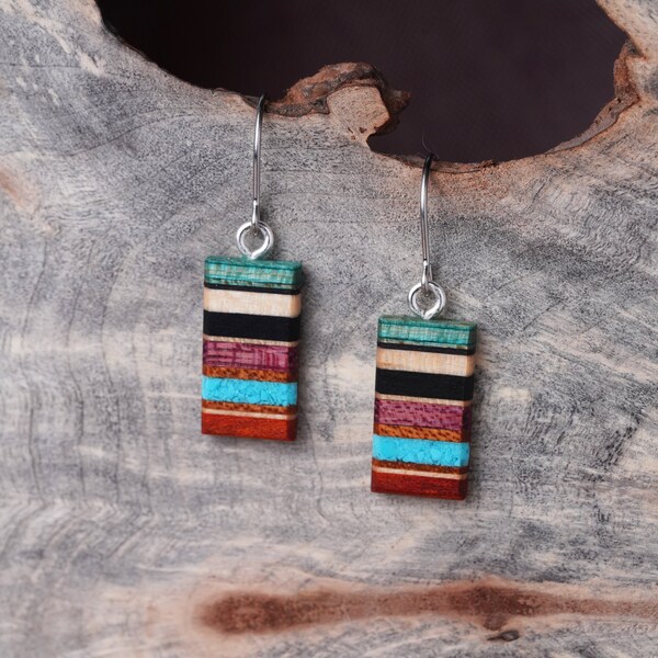 Turquoise Rectangle Dangle Earrings made From Reclaimed Wood, Sterling Silver Ear Wires