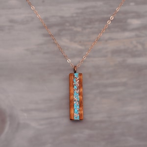 Koa Wood with Turquoise and Copper Inlay Vertical Bar Necklace, minimalist necklace, mother's Day Gift, birthday Gift