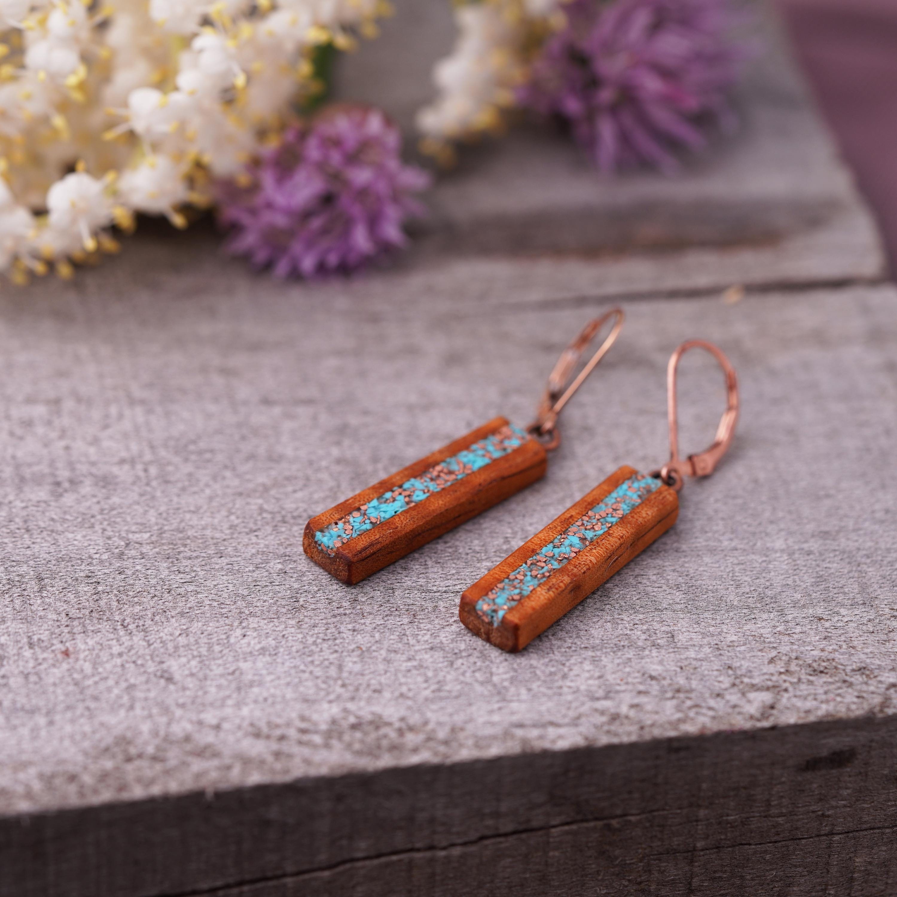 Hawaiian Koa Wood Earrings with Turquoise and Recycled Copper Inlay, Bar Earrings