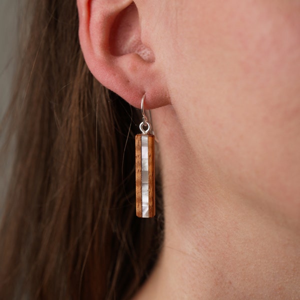 Mother of Pearl and Koa Wood Bar Earrings. Stud or Dangle, Hypoallergenic and lightweight.