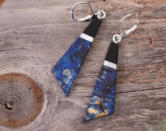 Starry Night Wood Earrings: Mother of Pearl, Sterling Silver Dangles