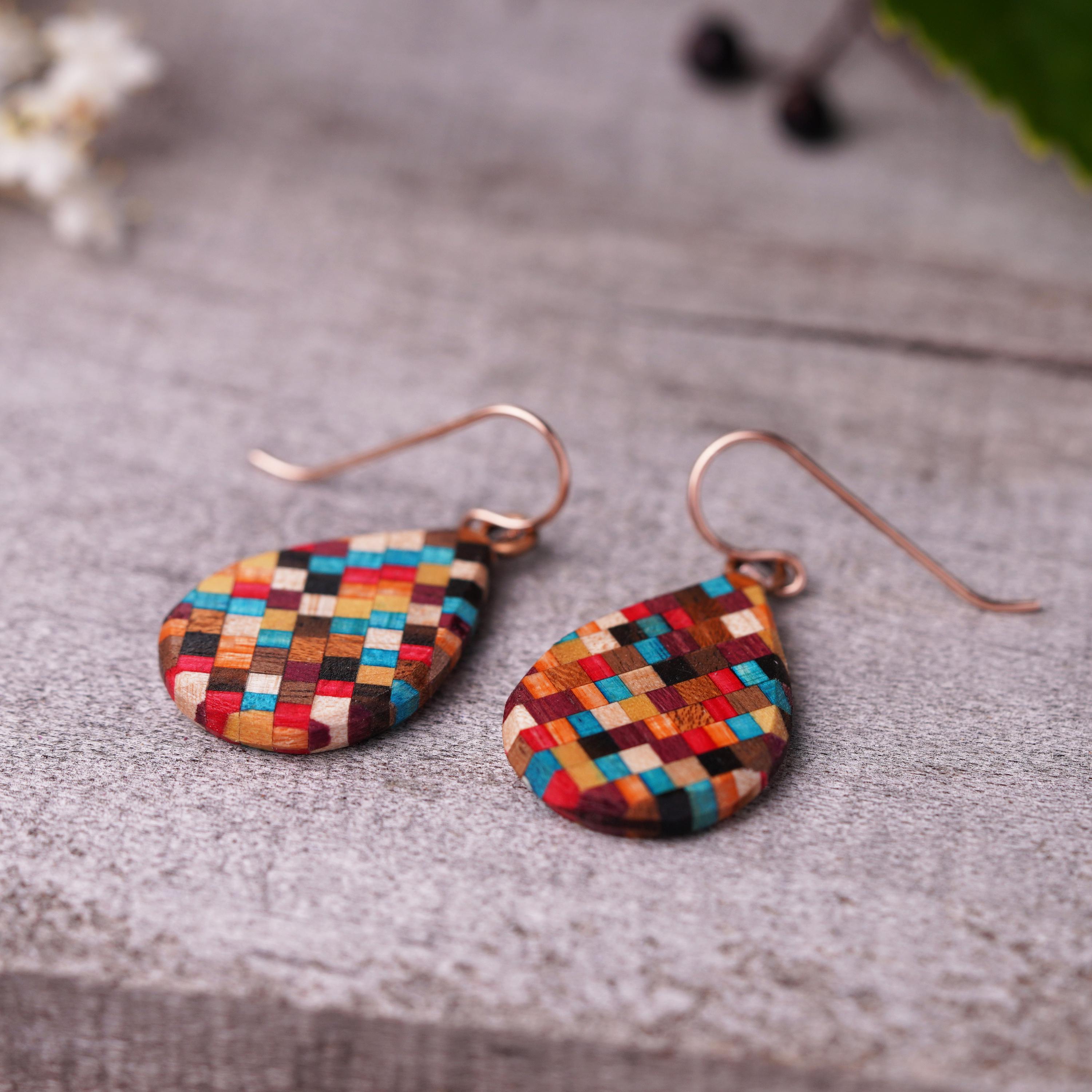 Reclaimed Wood Drop Earrings, Upcycled skateboard Jewelry, Teardrop earrings, colorful Earring