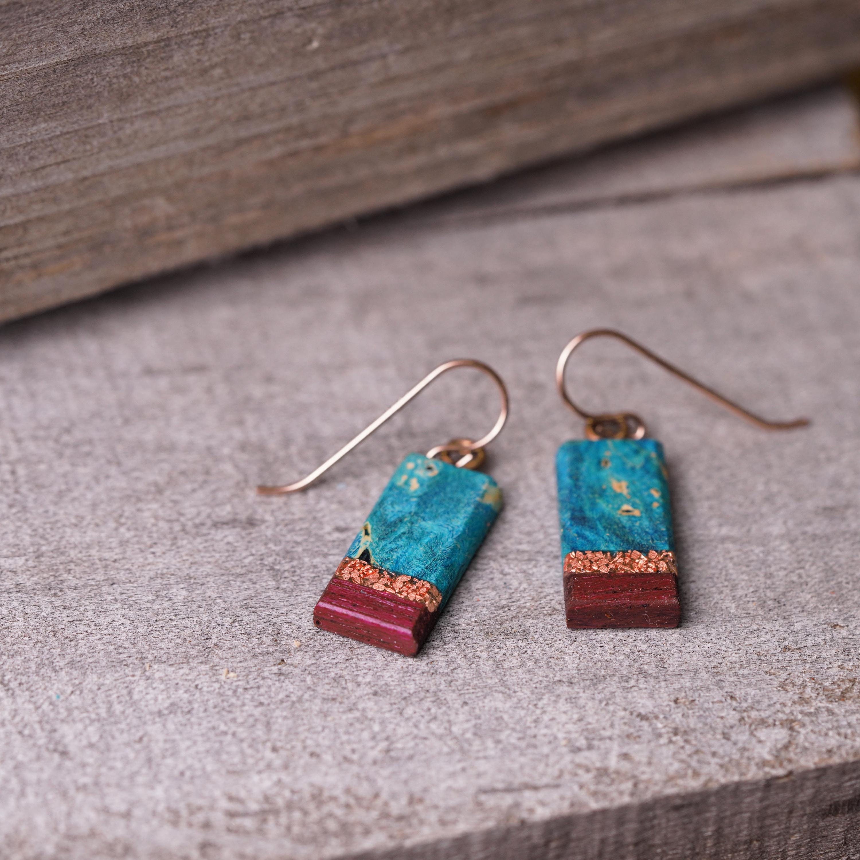 Dainty Recycled Copper Rectangle Earrings, 14k Rose Gold Wood Dangle Earrings