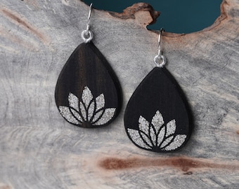 Silver Inlay Lotus Flower Black Teardrop, Wood Dangle Earrings