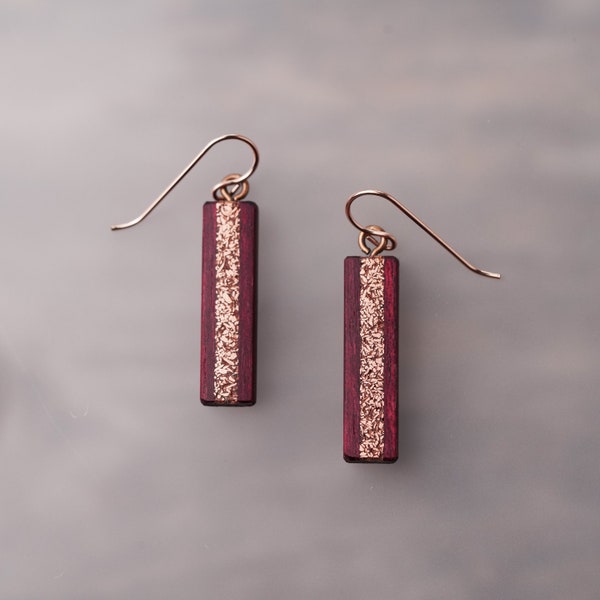 Short Purple Wood Rectangle with Recycled Copper Inlay Bar Earring Dangle