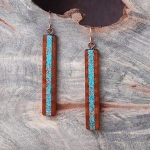 Long Hawaiian Koa Turquoise Inlaid Earrings with Recycled Copper, long Rose Gold Ear Wires image 4