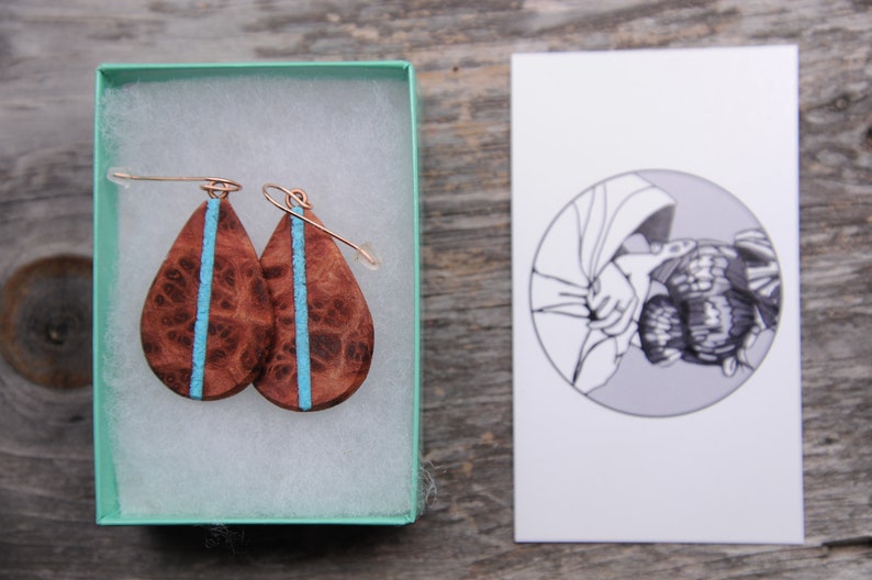 California Redwood Burl and Arizona Turquoise Inlaid Boho Teardrop Earrings 14k Rose Gold Ear Wires Hypoallergenic Dangle Drop. image 5