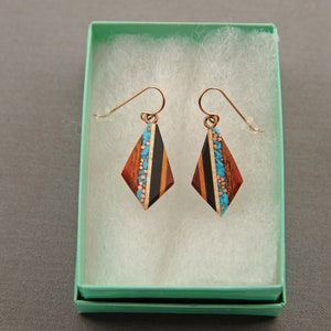 Recycled Copper and Turquoise Teardrop Made From Reclaimed Wood, Rose Gold Ear Wires Hypoallergenic. image 2