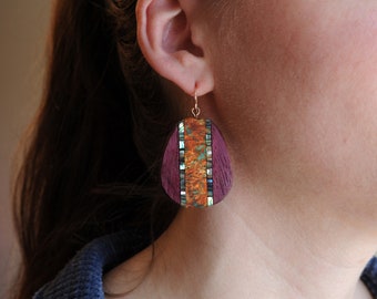 One of a Kind Earrings Abalone inlaid in Burl wood and Purpleheart Wood