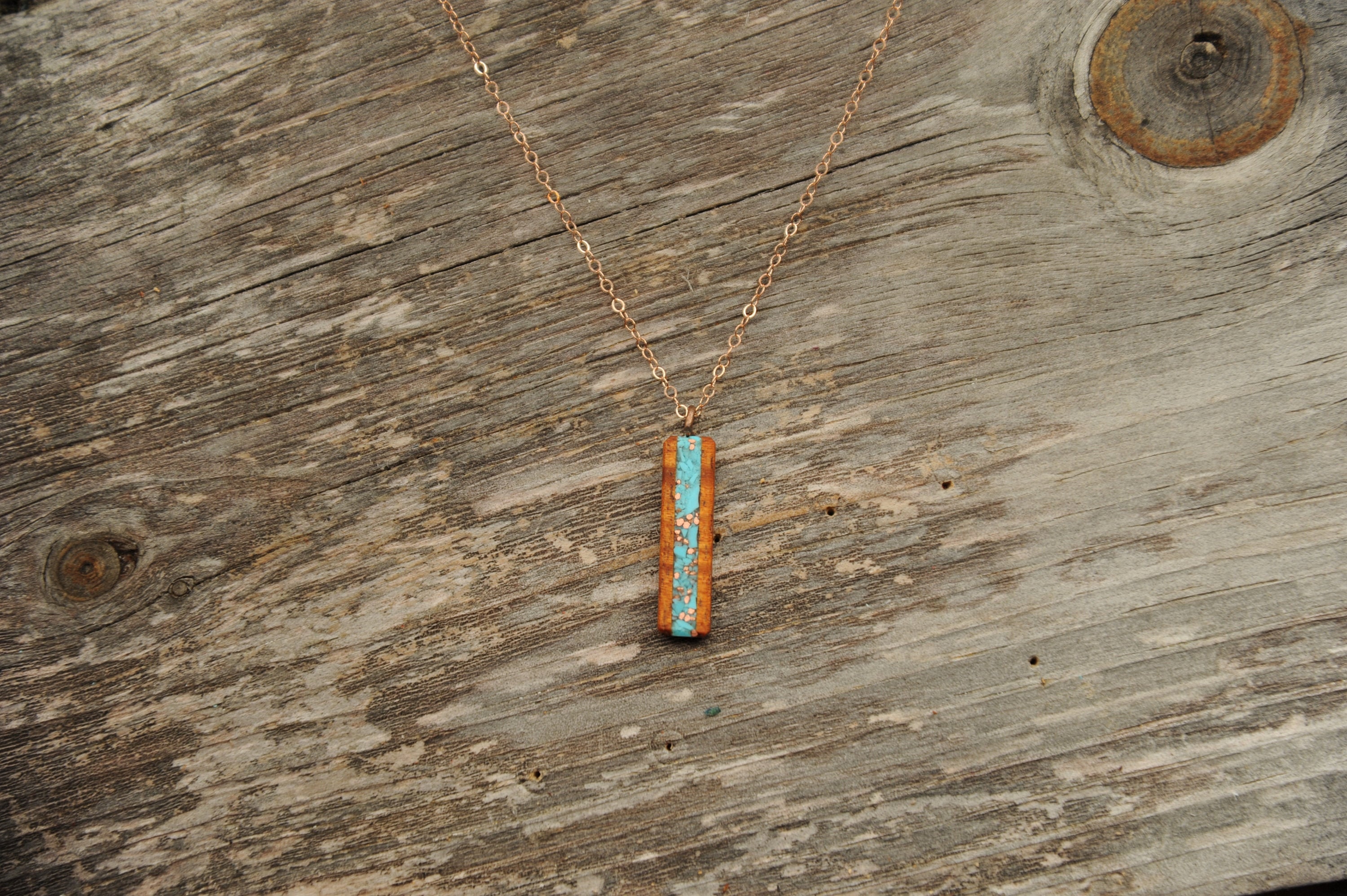 Koa Wood with Turquoise and Copper Inlay Vertical Bar Necklace