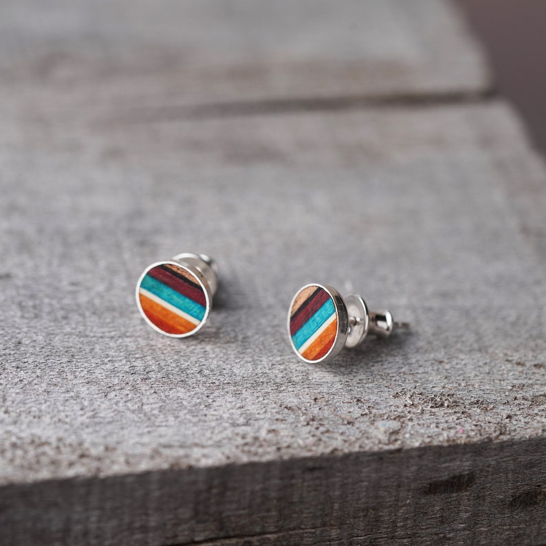 Small Rainbow Wood Stud Earrings in Solid Sterling Silver image 4