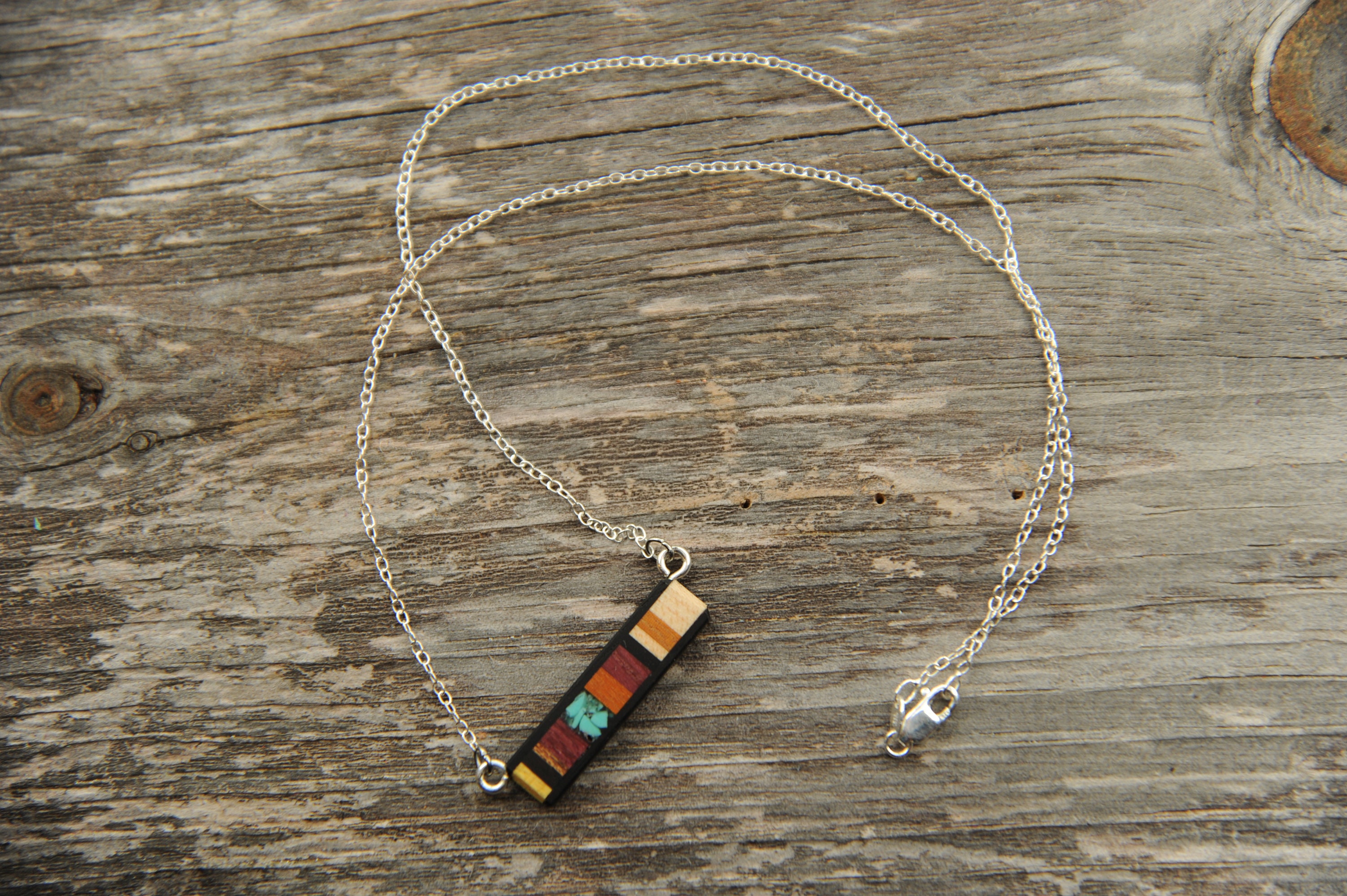 Dainty Wood and Turquoise Sideways Bar Necklace with Sterling Silver,…