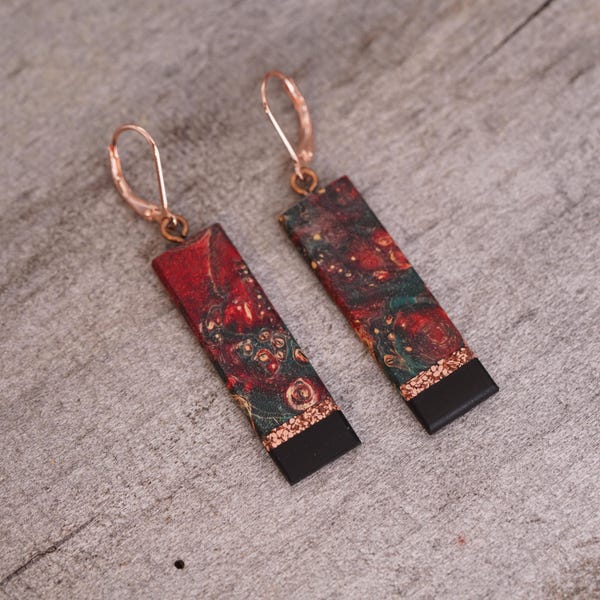 Abstract Geometric Dyed Wood And Copper Earrings.