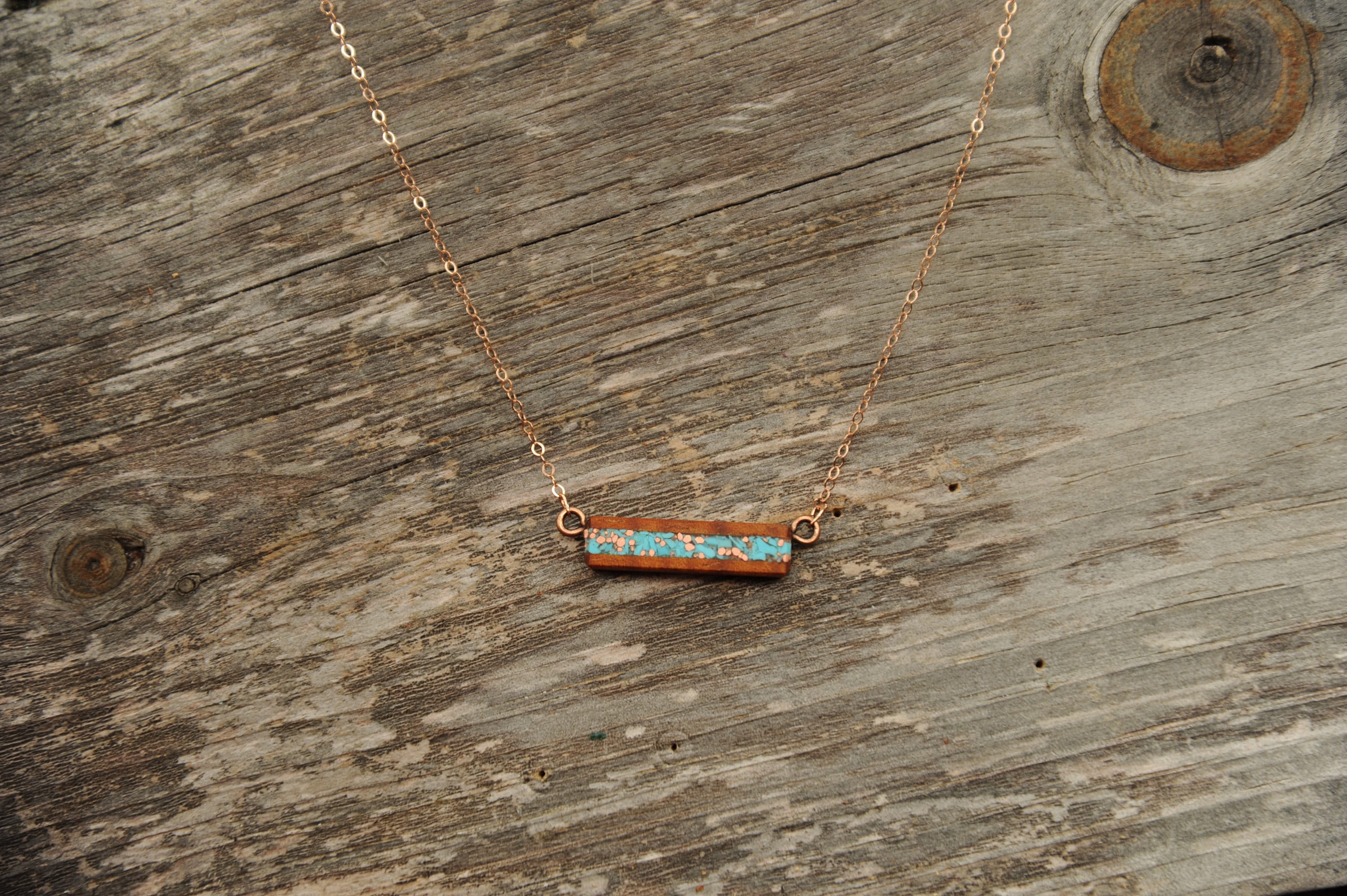 Koa Wood with Turquoise and Recycled Copper Small Horizontal Bar Neck…
