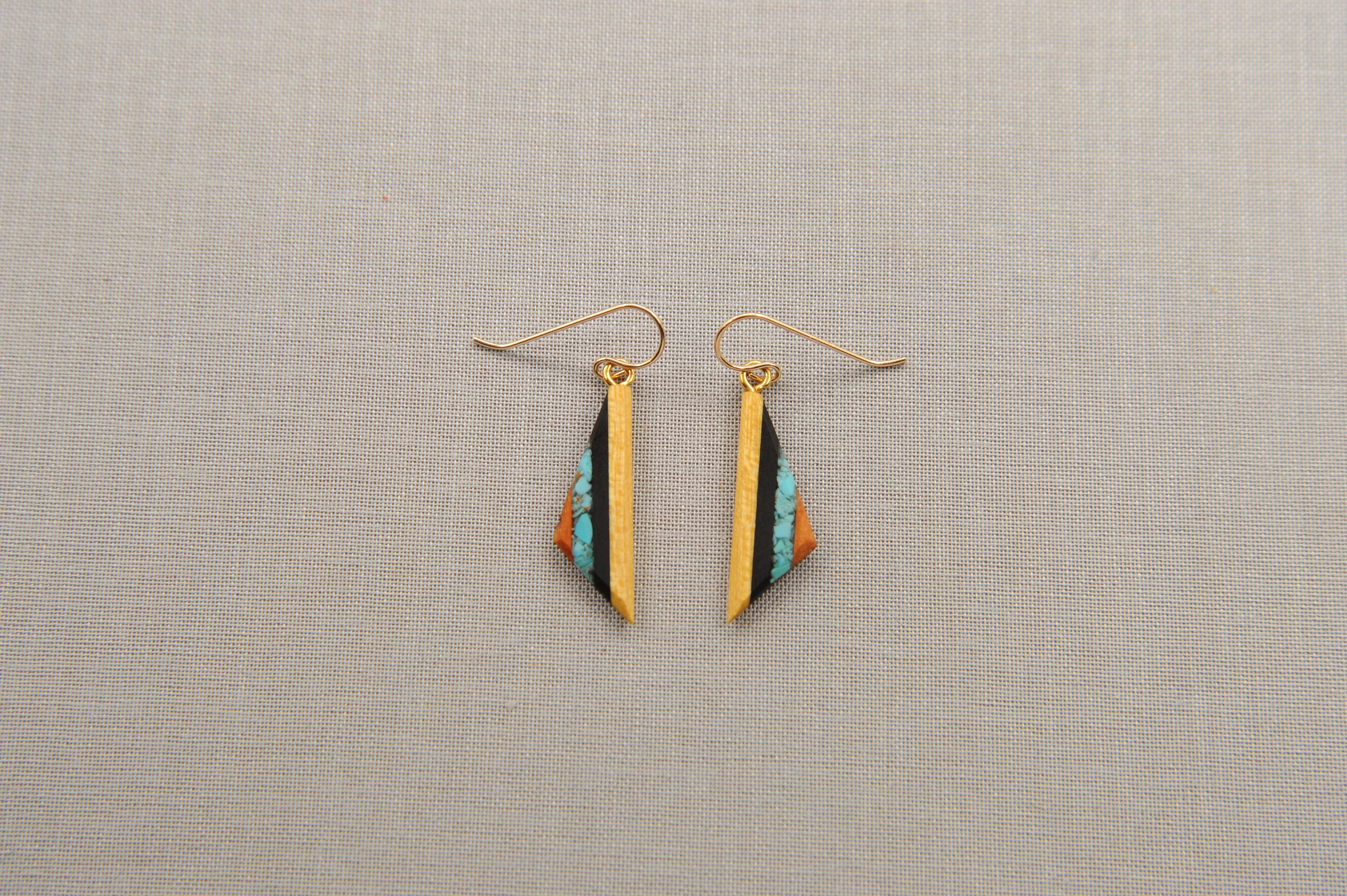 Yellow Wood Dangle Earrings with Turquoise Inlay,  Hypoallergenic fis…