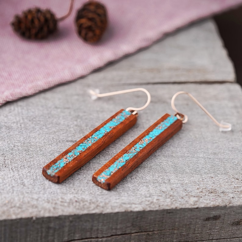 Long Hawaiian Koa Turquoise Inlaid Earrings with Recycled Copper, long Rose Gold Ear Wires image 5
