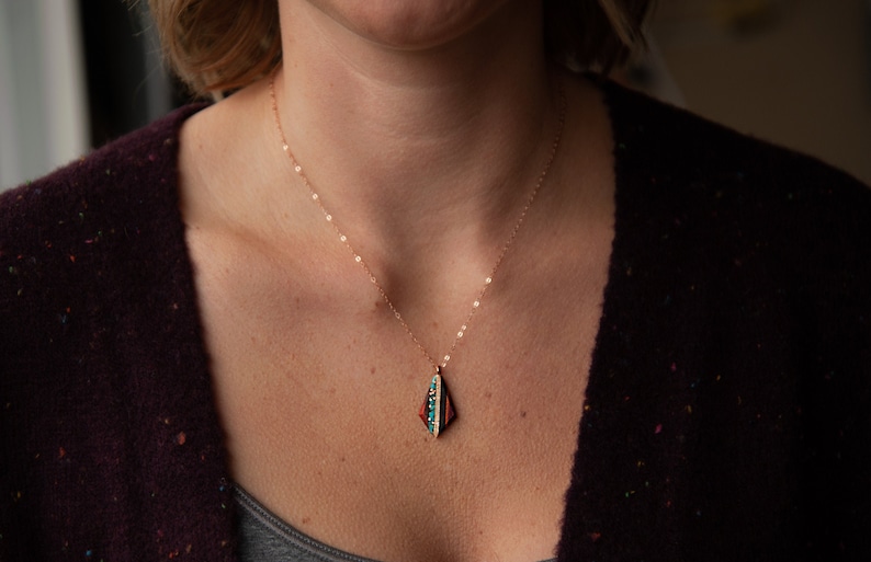 Recycled Copper and Turquoise Teardrop Pendant Made From Reclaimed Wood, Rose Gold Chain. 