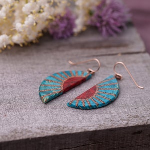 Handmade Sunburst Wood Earrings: Copper Inlay, Rose Gold Wires