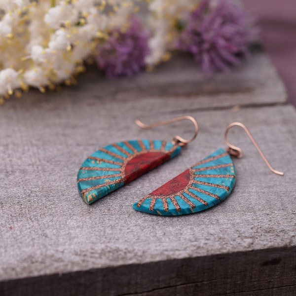 Handmade Sunburst Wood Earrings: Copper Inlay, Rose Gold Wires