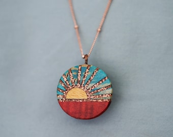 Handmade Sunrise Necklace:  Recycled Wood and copper inlay with 14k rose gold Satellite Chain