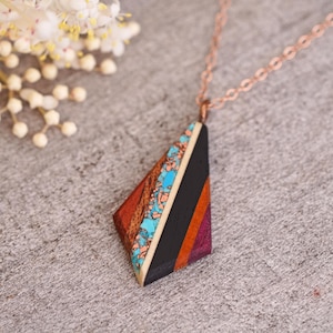 Turquoise and Copper Inlaid Wood Teardrop Pendant with 14k Rose gold chain, Elegant Necklace, Womans  Pendant, Colorful Jewelry