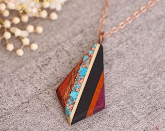 Turquoise Copper Inlaid Wood Pendant: Teardrop Necklace, 14k Rose Gold Chain