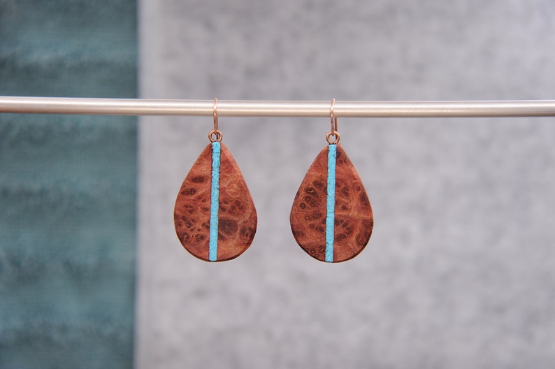 California Redwood Burl and Arizona Turquoise Inlaid Boho Teardrop Earrings 14k Rose Gold Ear Wires Hypoallergenic Dangle Drop. image 1