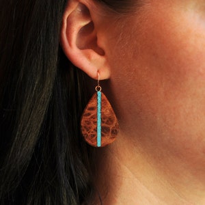 California Redwood Burl and Arizona Turquoise Inlaid Boho Teardrop Earrings 14k Rose Gold Ear Wires Hypoallergenic Dangle Drop. image 2