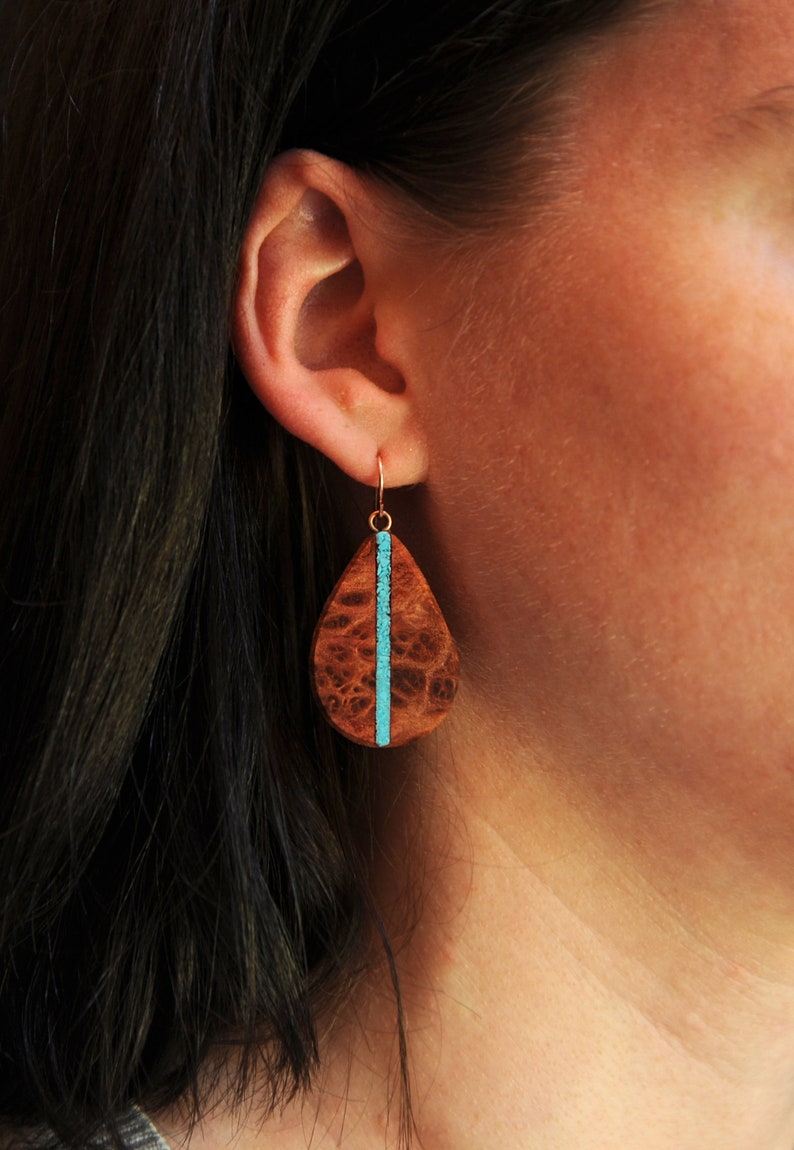 California Redwood Burl and Arizona Turquoise Inlaid Boho Teardrop Earrings 14k Rose Gold Ear Wires Hypoallergenic Dangle Drop. image 2