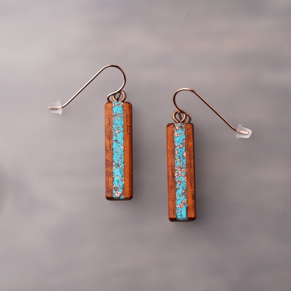 Short Koa Rectangle with Turquoise and Recycled Copper Inlay Bar Earrings, Stud or Dangle