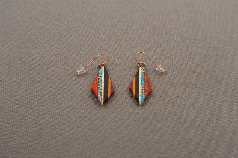 Recycled Copper and Turquoise Teardrop Made From Reclaimed Wood, Rose Gold Ear Wires Hypoallergenic. 